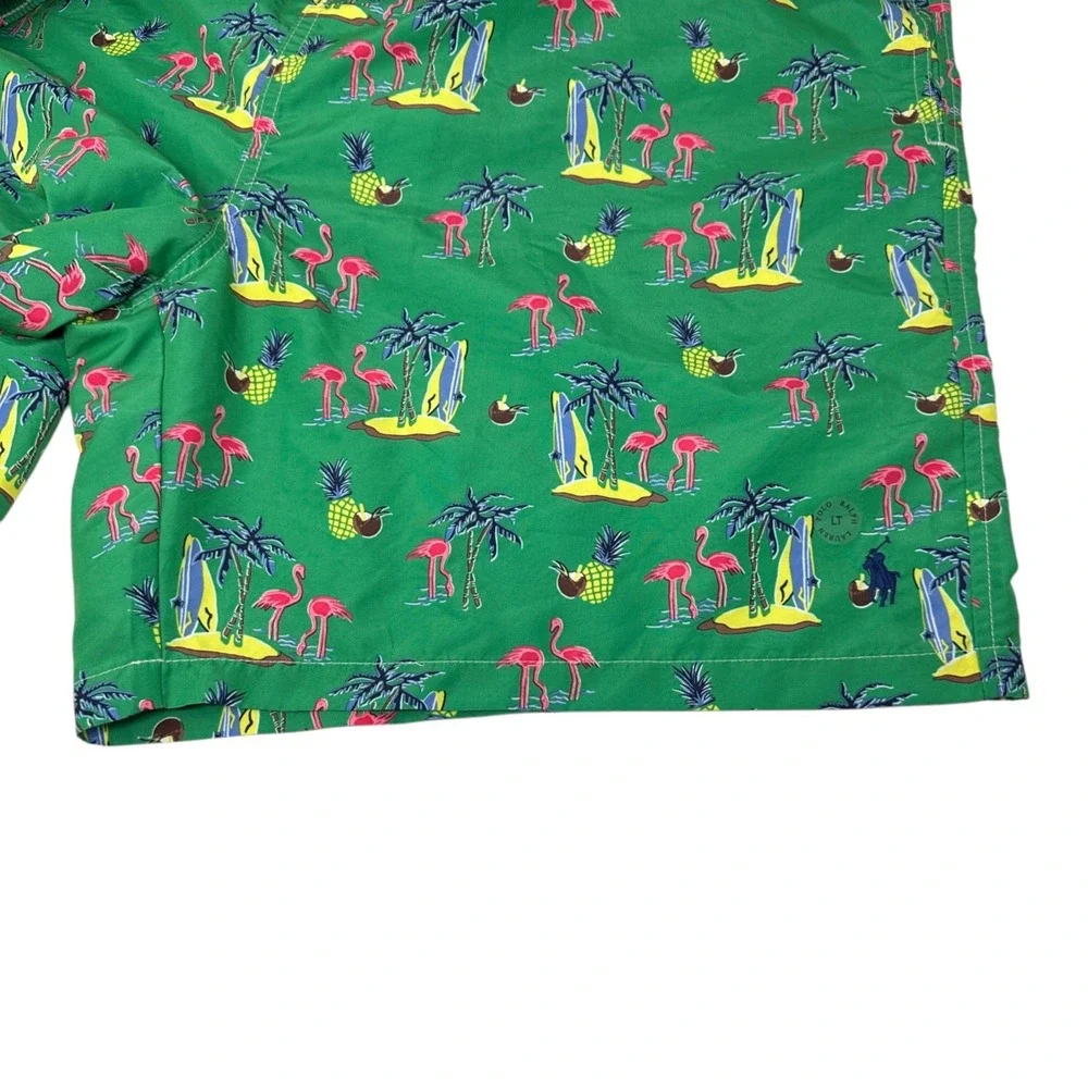 POLO RALPH LAUREN Green Traveler Lined Swim Trunks Pockets Flamingo Surf Size LT